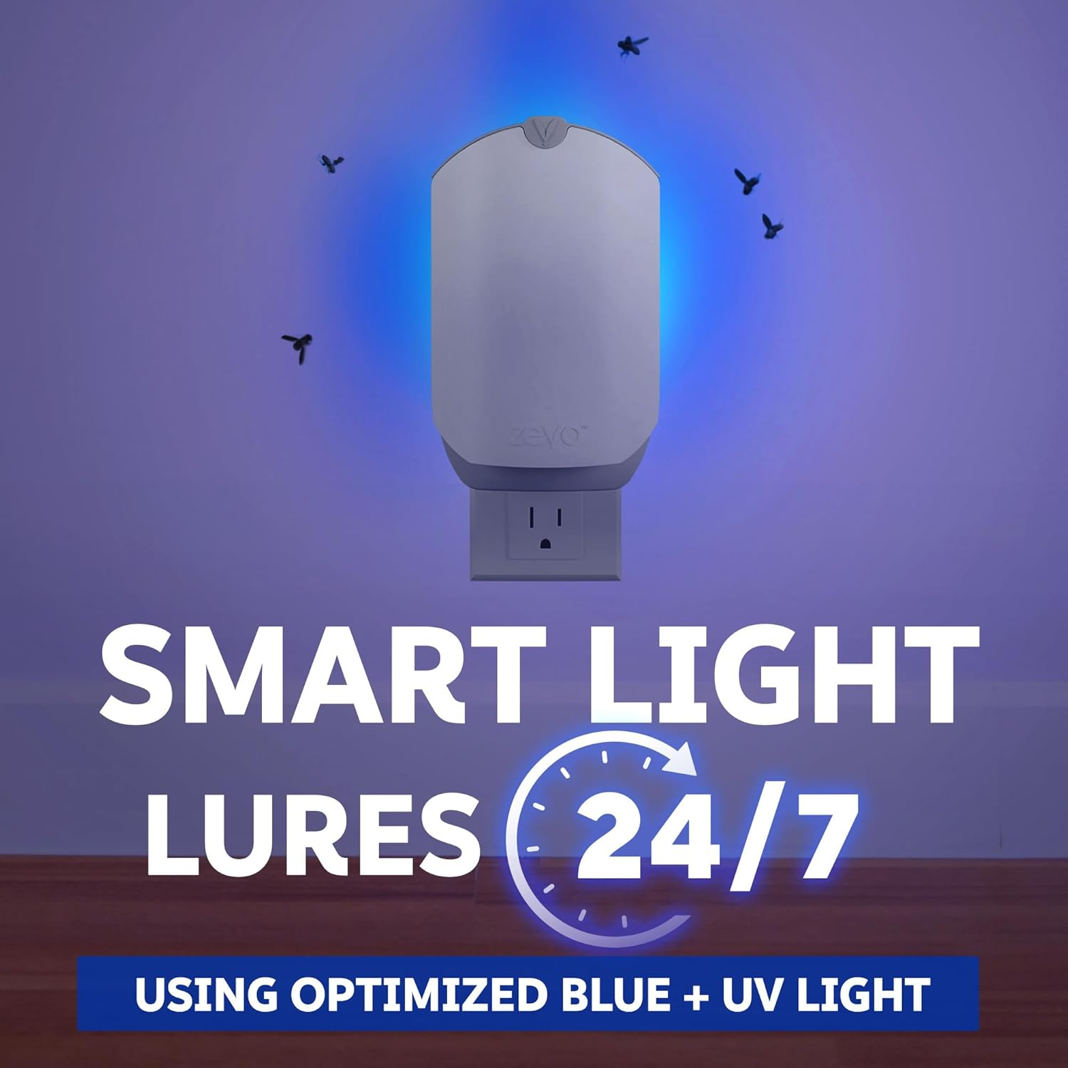Zevo Smart Light plug-in trap using blue and UV light to lure flying insects 24 hours a day